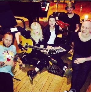 Madonna in studio with, as she calls it, her "Viking harem": Avicii, Vincent, Salem al Fakir and Magnus ”Filthy” Lidehäll.